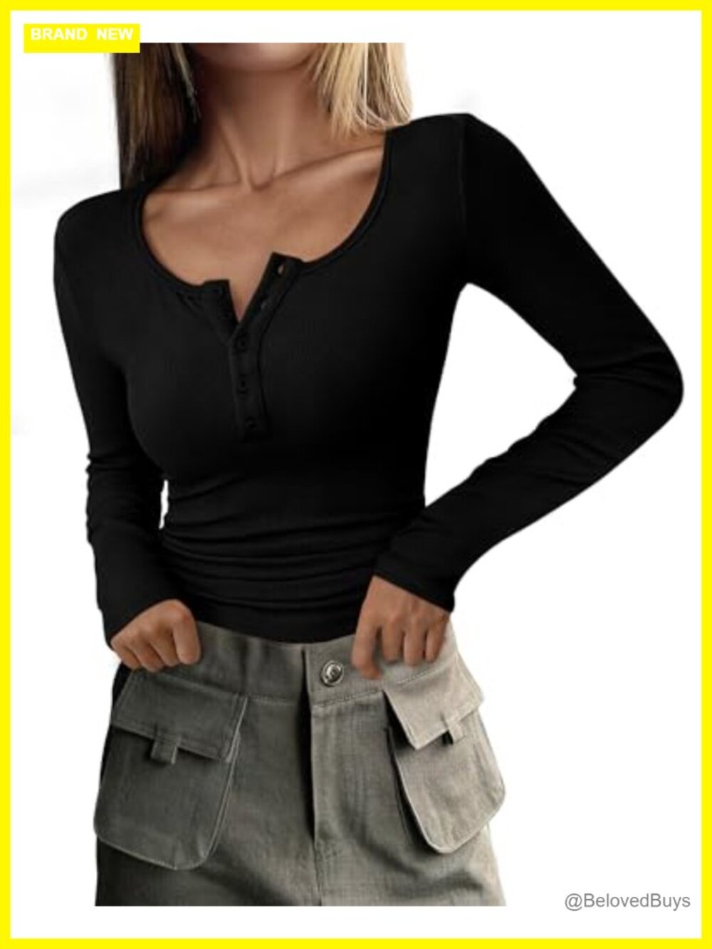 Women's Long Sleeve Henley Tunic Top Ribbed Knit Button Neck